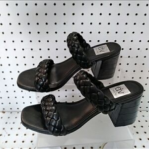 Dv Black Sandals Braided Straps Cushioned Mid Chunky Block Heel Pump Slip-on